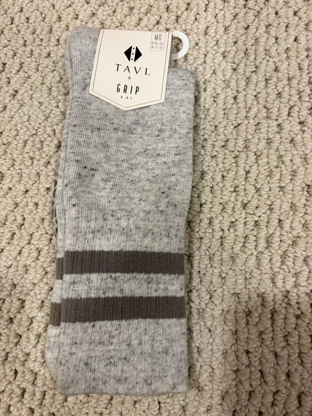 Women's Marled Light Gray Crew Socks with Brown Stripes - KAI